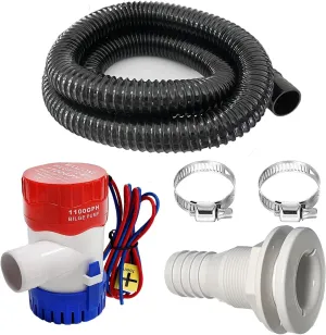 1-1/8 Inch Bilge Pump Plumbing Kit, 1100gph Electric 12v Boat Bilge Water Pump, 6 FT Bilge Pump Hose, 2 Stainless Steel Clamps and Thru-Hull Fitting (Black)