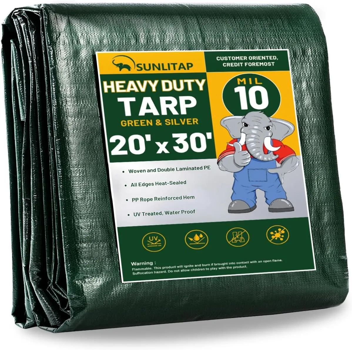 10 Mil Heavy Duty Waterproof Tarps, 20x30 Ft Finished Size Tarps, Premium Tarp with Metal Grommets & Reinforced Edge, Multipurpose Thick Poly Tarp for Car, Boat, Roof, Camping - Green