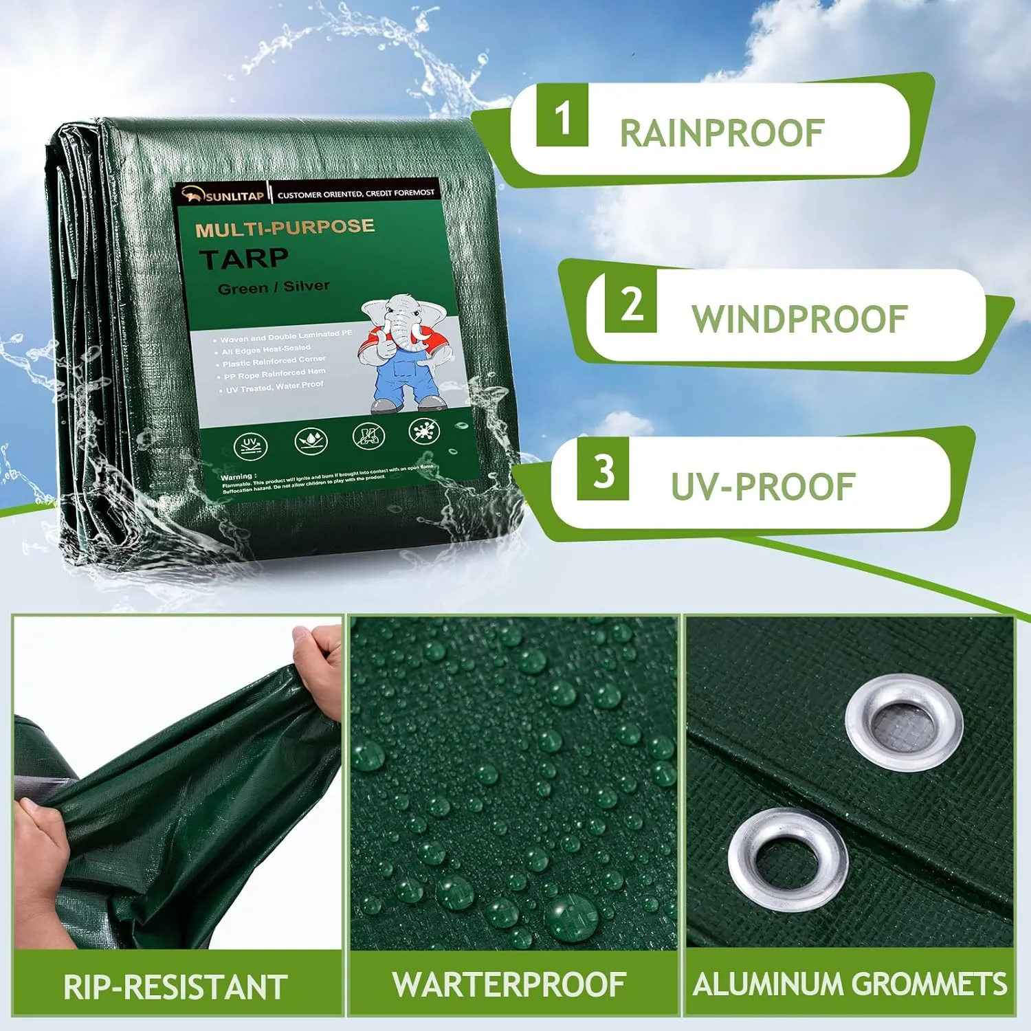 10 Mil Heavy Duty Waterproof Tarps, 20x30 Ft Finished Size Tarps, Premium Tarp with Metal Grommets & Reinforced Edge, Multipurpose Thick Poly Tarp for Car, Boat, Roof, Camping - Green
