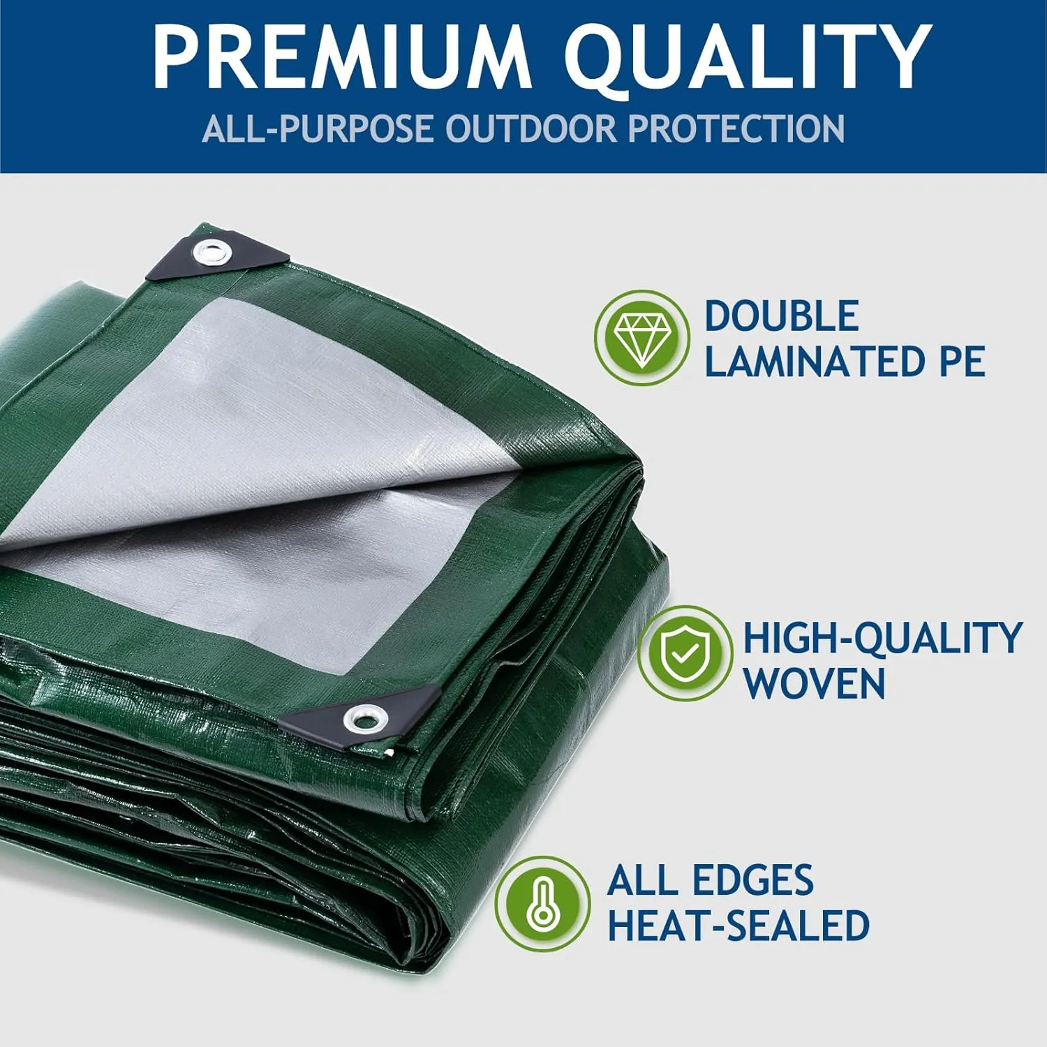 10 Mil Heavy Duty Waterproof Tarps, 20x30 Ft Finished Size Tarps, Premium Tarp with Metal Grommets & Reinforced Edge, Multipurpose Thick Poly Tarp for Car, Boat, Roof, Camping - Green