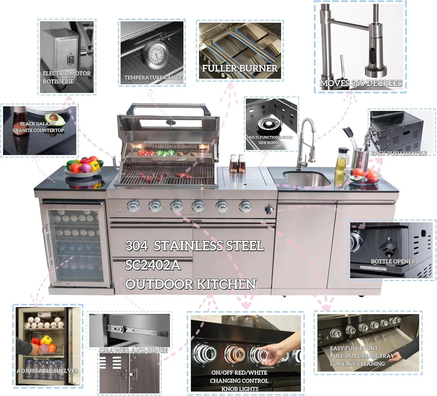 104 Inches 4-Burner 72000 BTU Deluxe Stainless Steel Gas Outdoor Kitchen Bar Barbecue Island Grill, Wine Cooler Compact Refrigerator, Rotisserie Kit, Granite Countertops, Stainless Steel Sink, Silver