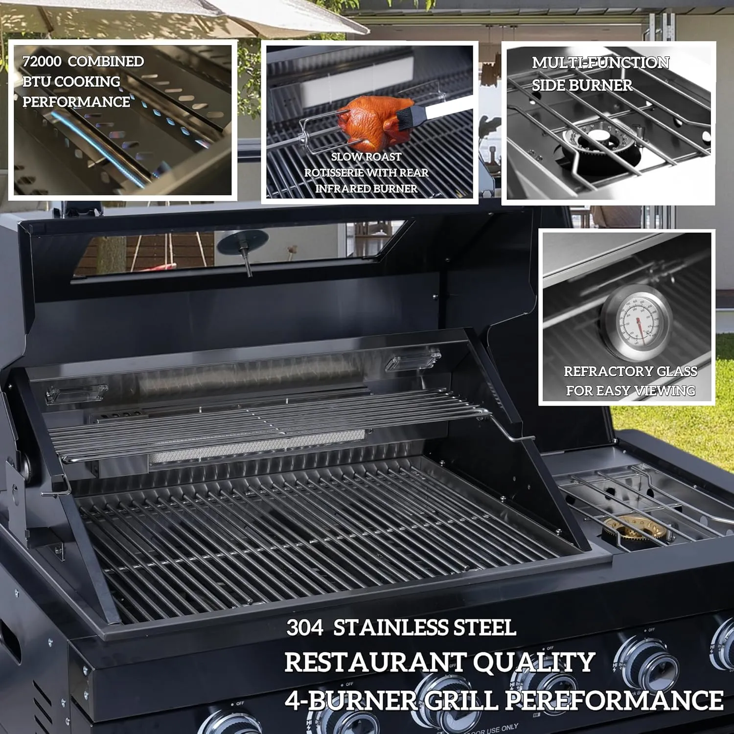 104 Inches 4-Burner 72000 BTU Deluxe Stainless Steel Gas Outdoor Kitchen Bar Barbecue Island Grill, Wine Cooler Compact Refrigerator, Rotisserie Kit, Granite Countertops, Stainless Steel Sink, Silver