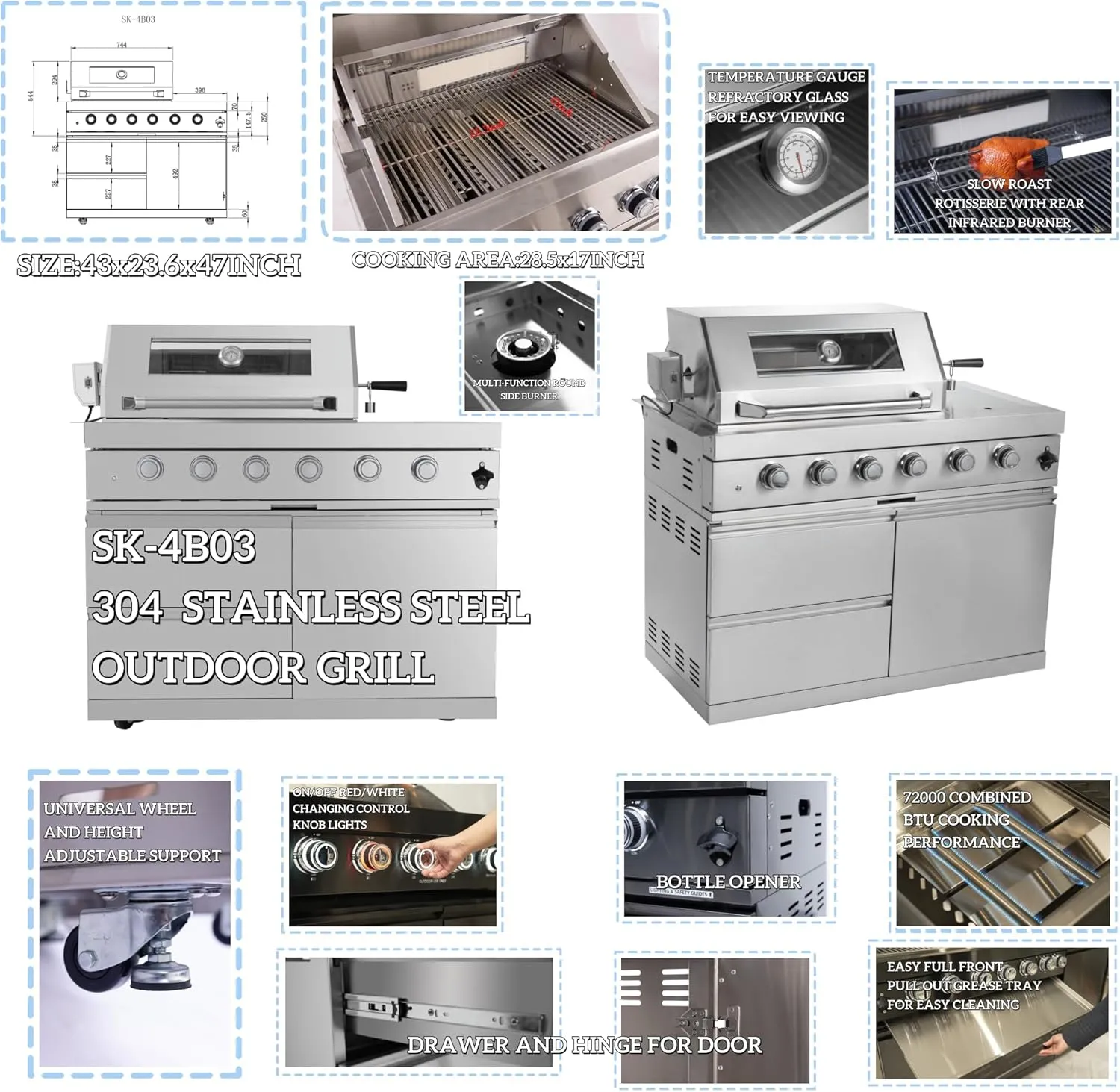 104 Inches 4-Burner 72000 BTU Deluxe Stainless Steel Gas Outdoor Kitchen Bar Barbecue Island Grill, Wine Cooler Compact Refrigerator, Rotisserie Kit, Granite Countertops, Stainless Steel Sink, Silver