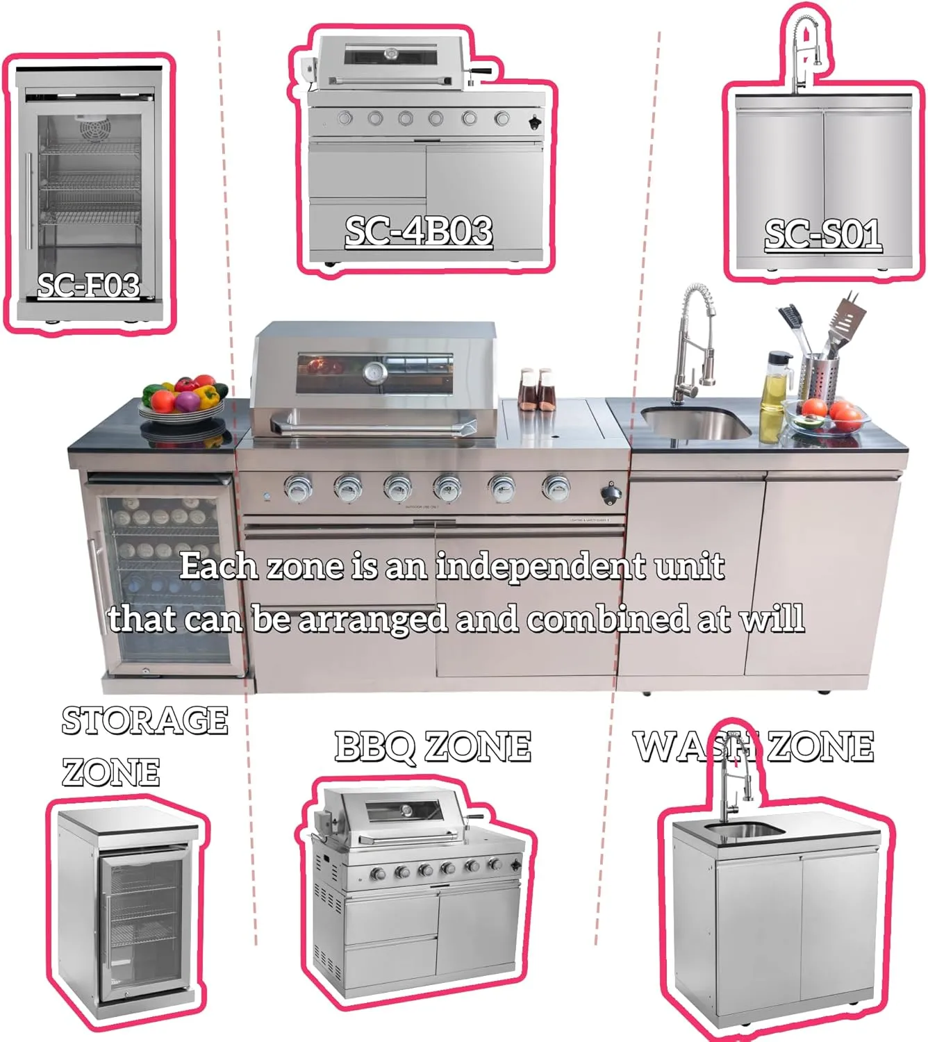 104 Inches 4-Burner 72000 BTU Deluxe Stainless Steel Gas Outdoor Kitchen Bar Barbecue Island Grill, Wine Cooler Compact Refrigerator, Rotisserie Kit, Granite Countertops, Stainless Steel Sink, Silver