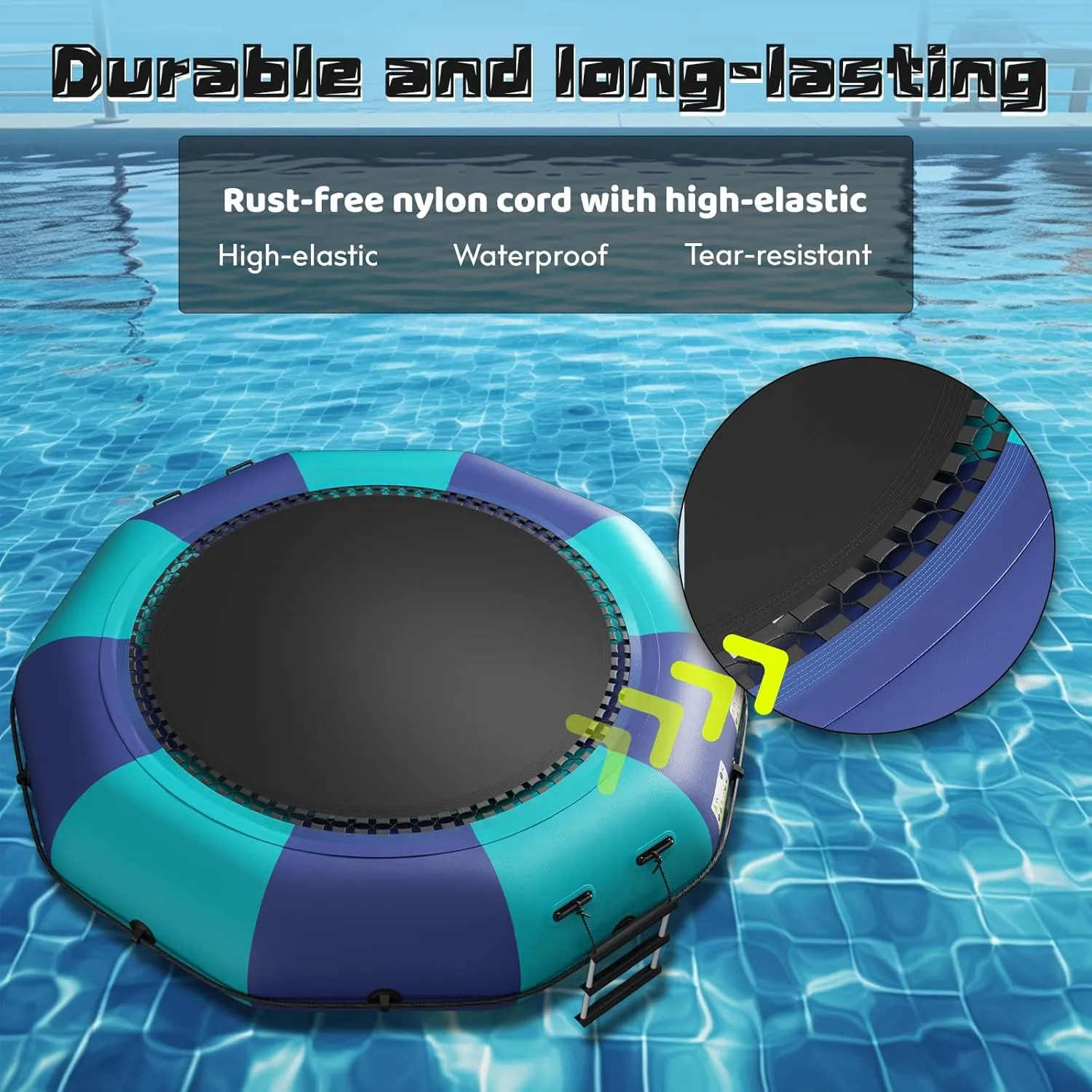 10Ft 12Ft 15Ft Inflatable Water Trampoline, Recreational Bouncer, Portable Bounce Swim Platform with 4-Step Ladder, Kids Adults Trampoline for Pool, Lake Water Sports
