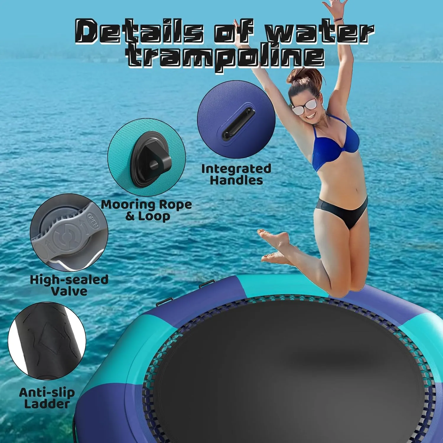 10Ft 12Ft 15Ft Inflatable Water Trampoline, Recreational Bouncer, Portable Bounce Swim Platform with 4-Step Ladder, Kids Adults Trampoline for Pool, Lake Water Sports