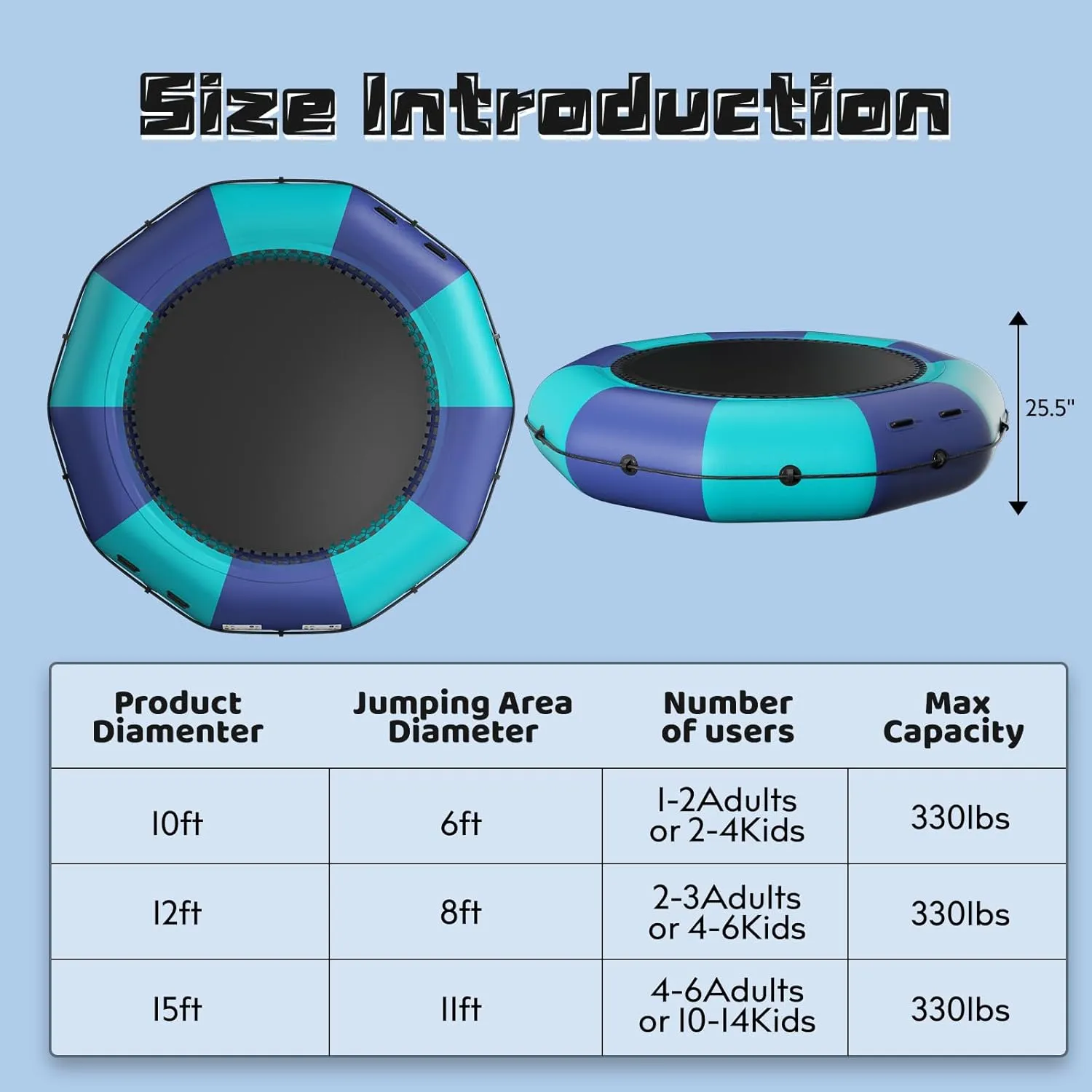 10Ft 12Ft 15Ft Inflatable Water Trampoline, Recreational Bouncer, Portable Bounce Swim Platform with 4-Step Ladder, Kids Adults Trampoline for Pool, Lake Water Sports