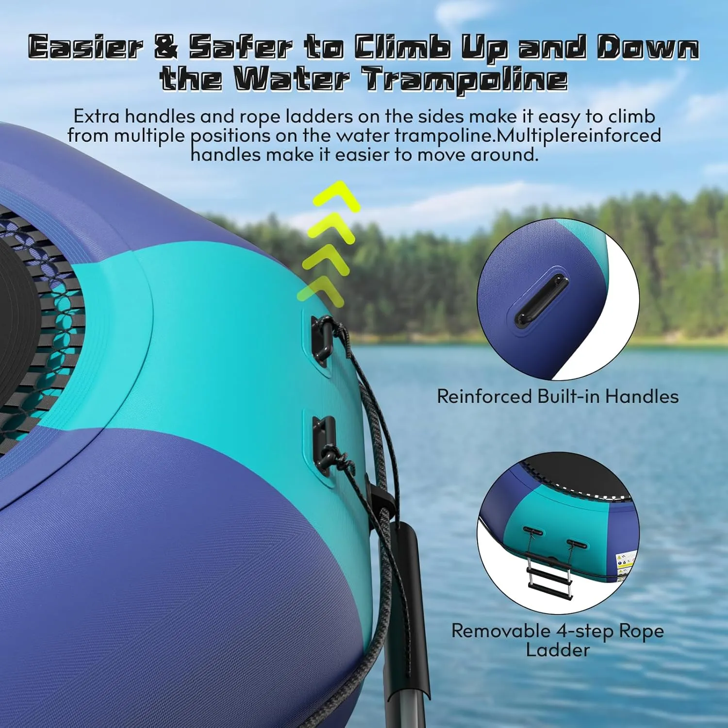 10Ft 12Ft 15Ft Inflatable Water Trampoline, Recreational Bouncer, Portable Bounce Swim Platform with 4-Step Ladder, Kids Adults Trampoline for Pool, Lake Water Sports