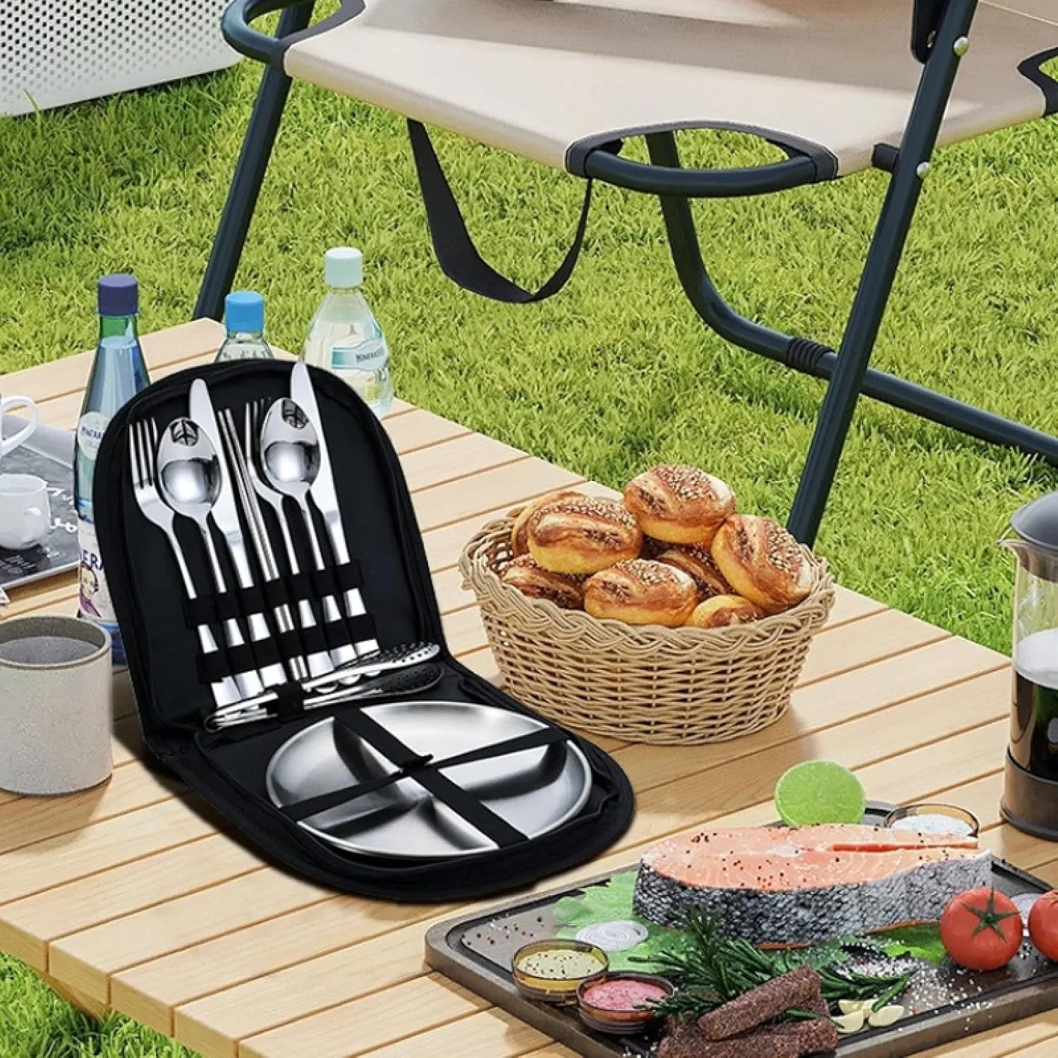 10Pcs Stainless Steel Spoon Set with Fork Tongs Ideal for Camping Complete Cutlery Kit with Organizer Portable for Hiking and Outdoors