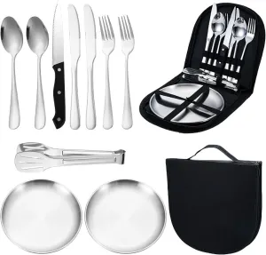 10Pcs Stainless Steel Spoon Set with Fork Tongs Ideal for Camping Complete Cutlery Kit with Organizer Portable for Hiking and Outdoors