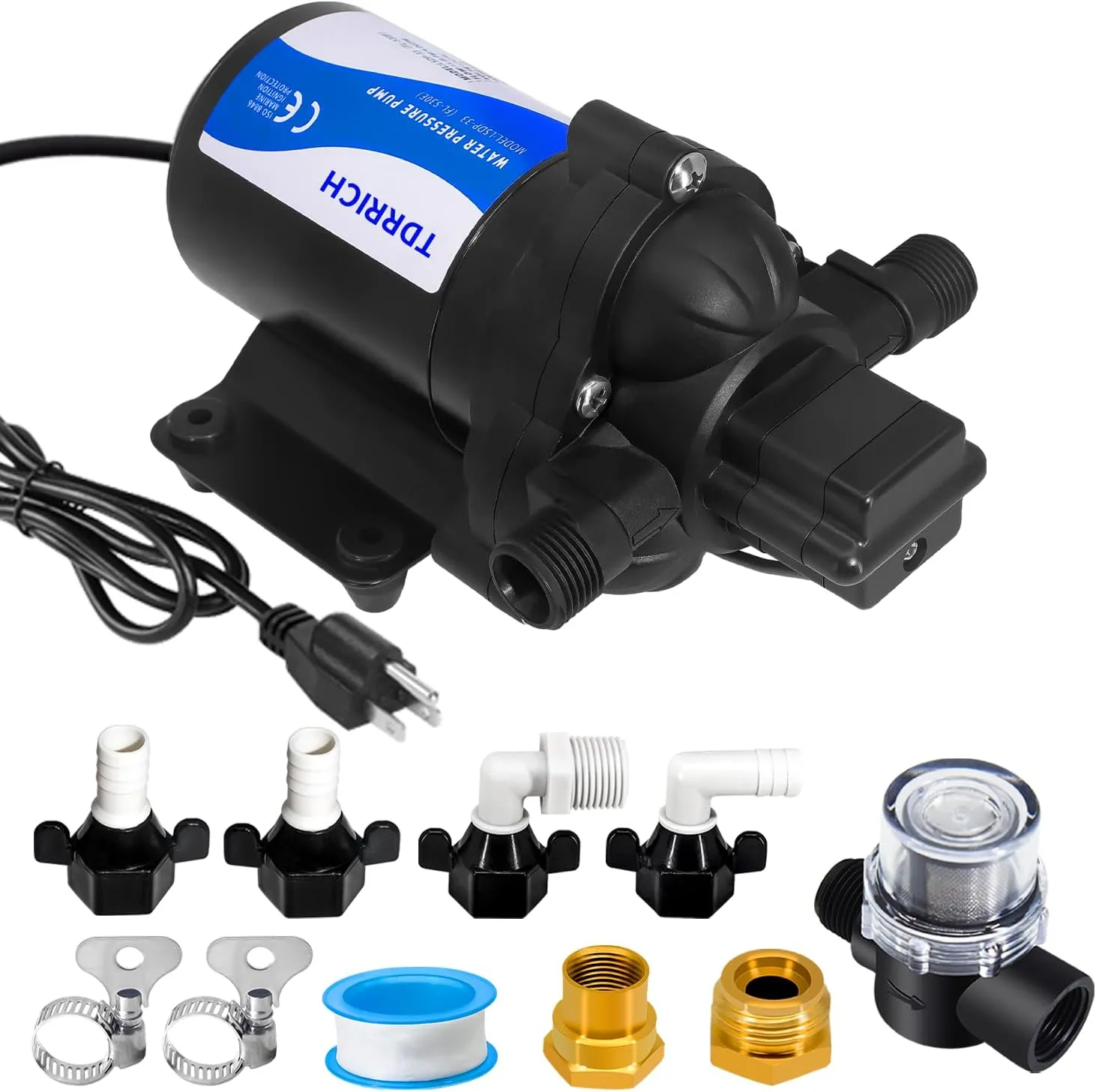 110V AC Water Pressure Pump for RV,3-Chamber High Power Camper Water Pump with Filter Power Plug,5.0GPM 70PSI Electric Self Priming Inline On Demand washdown Water Pump for Marine Yacht Garden