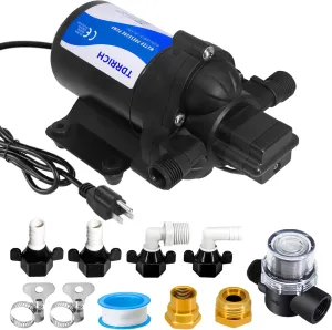 110V AC Water Pressure Pump for RV,3-Chamber High Power Camper Water Pump with Filter Power Plug,5.0GPM 70PSI Electric Self Priming Inline On Demand washdown Water Pump for Marine Yacht Garden