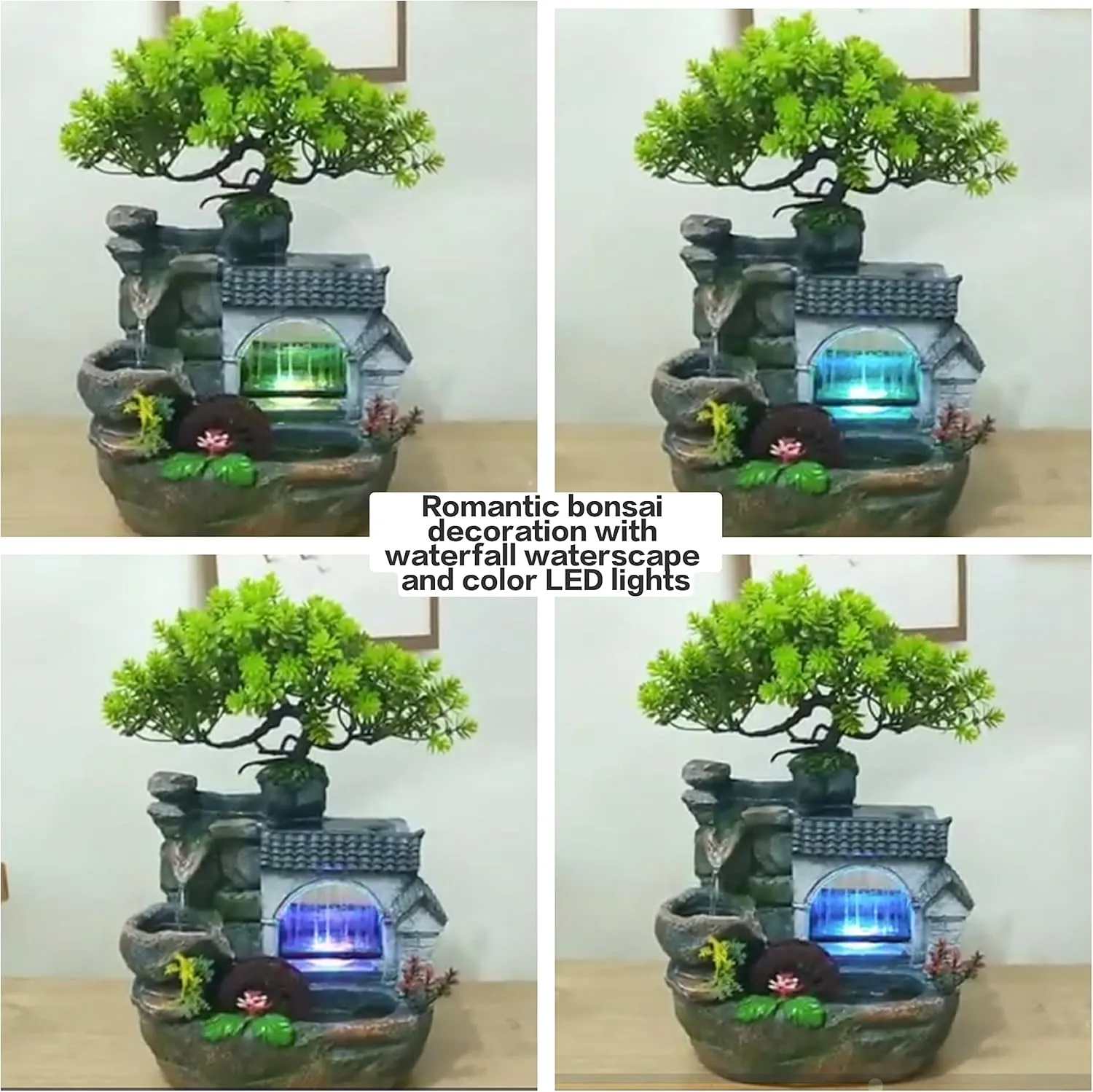 11" Desktop Fountain Rock Waterfall Humidifier with Artificial Tree &LED Light, Tabletop Water Fountains Indoor Fake Plant Bonsai Tree Feng Shui Decoration for Aquariums Office Bedroom Home Décor