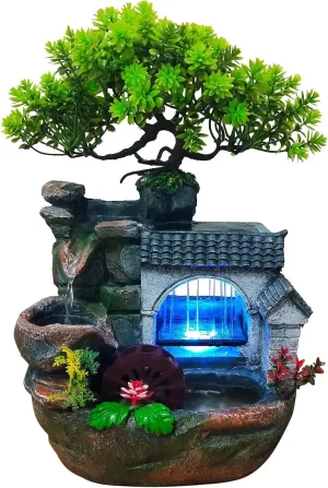 11" Desktop Fountain Rock Waterfall Humidifier with Artificial Tree &LED Light, Tabletop Water Fountains Indoor Fake Plant Bonsai Tree Feng Shui Decoration for Aquariums Office Bedroom Home Décor
