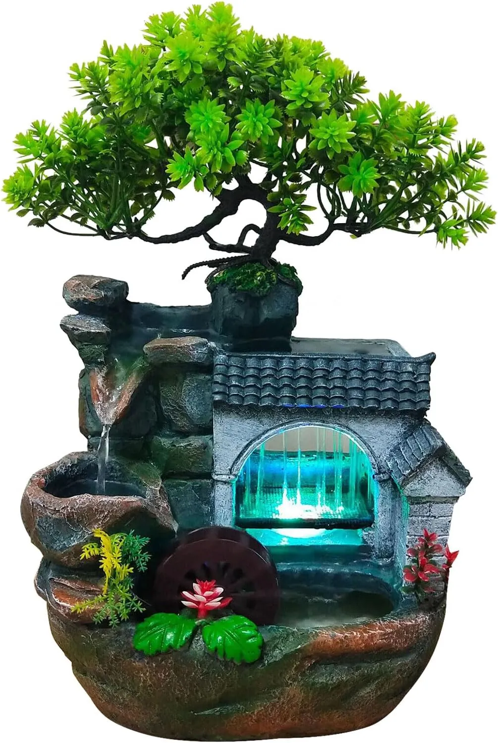 11" Desktop Fountain Rock Waterfall Humidifier with Artificial Tree &LED Light, Tabletop Water Fountains Indoor Fake Plant Bonsai Tree Feng Shui Decoration for Aquariums Office Bedroom Home Décor