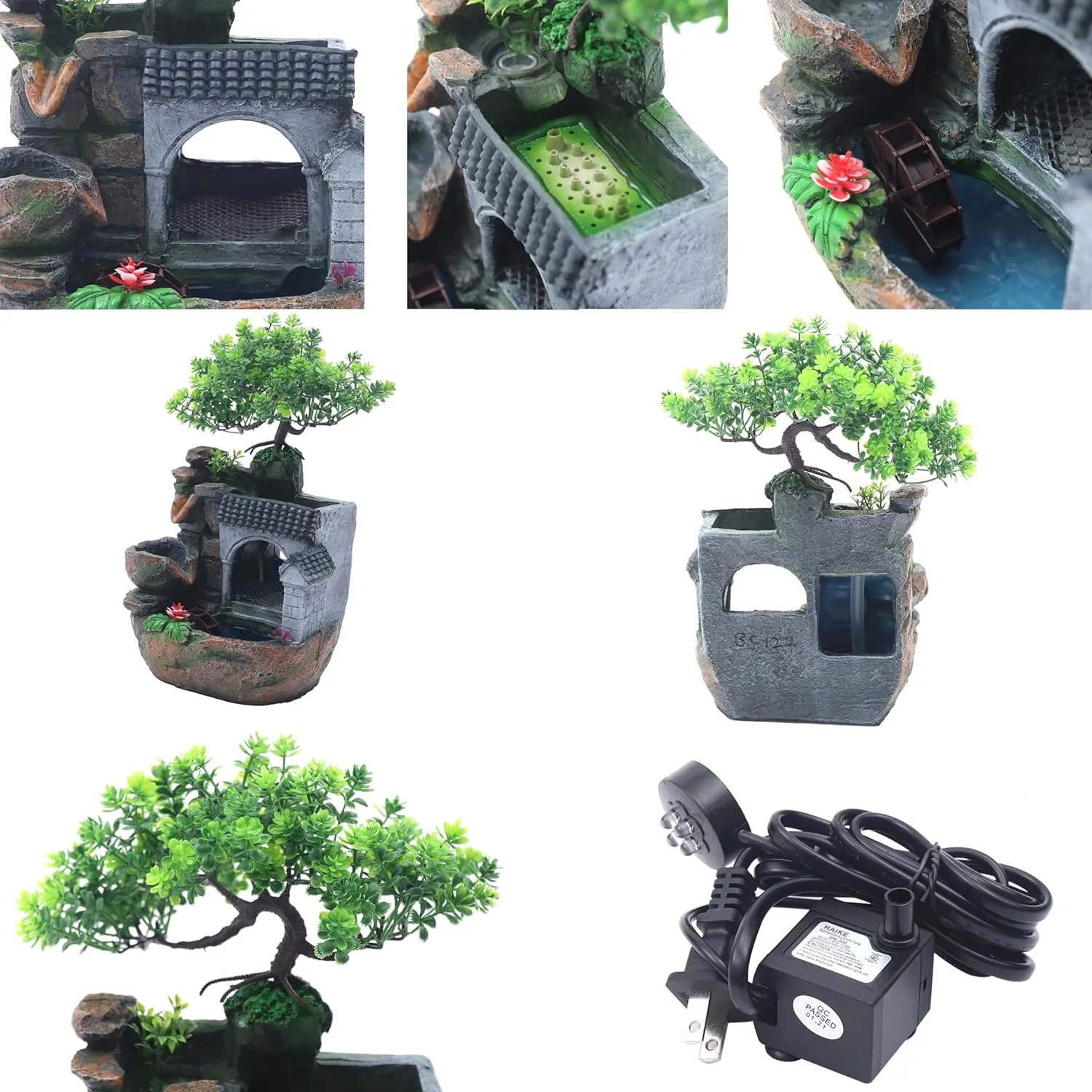 11" Desktop Fountain Rock Waterfall Humidifier with Artificial Tree &LED Light, Tabletop Water Fountains Indoor Fake Plant Bonsai Tree Feng Shui Decoration for Aquariums Office Bedroom Home Décor