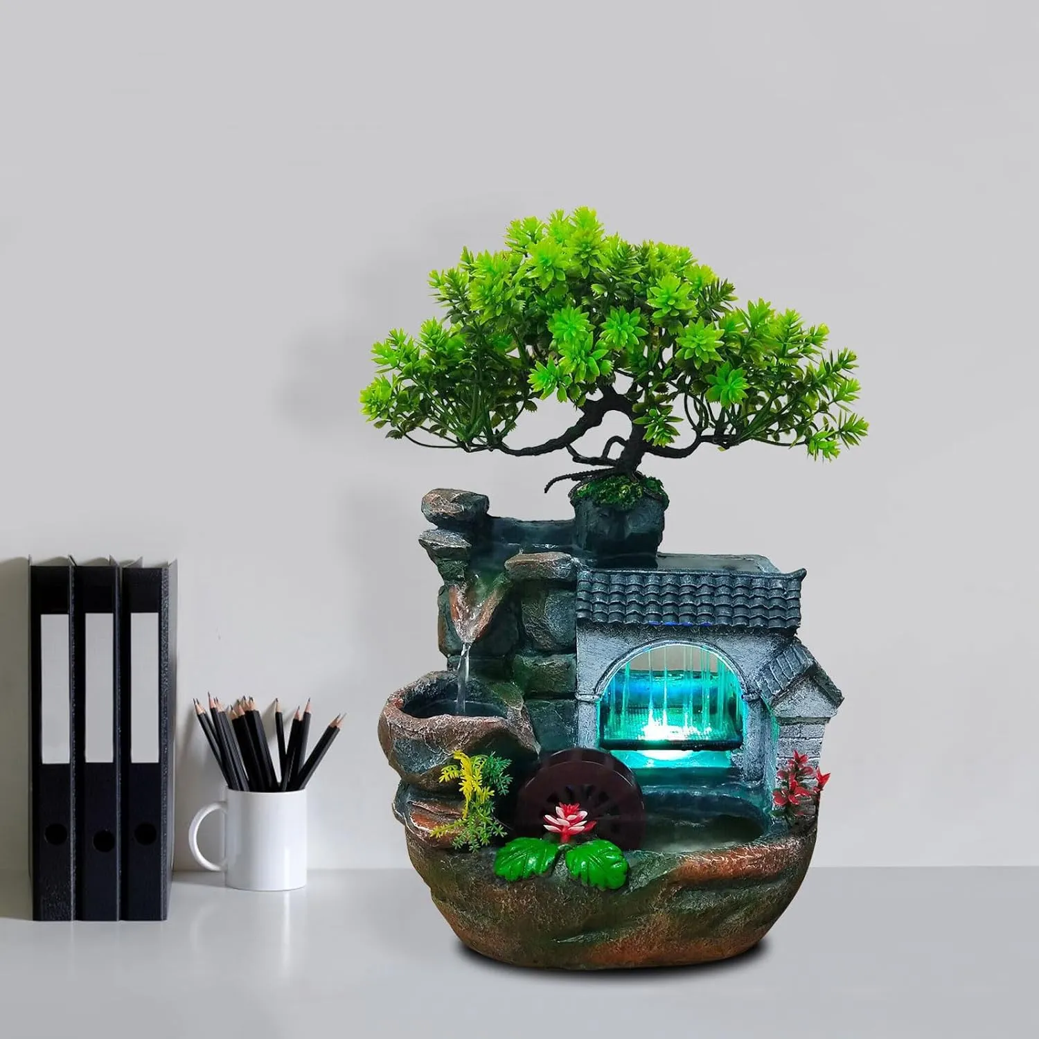 11" Desktop Fountain Rock Waterfall Humidifier with Artificial Tree &LED Light, Tabletop Water Fountains Indoor Fake Plant Bonsai Tree Feng Shui Decoration for Aquariums Office Bedroom Home Décor
