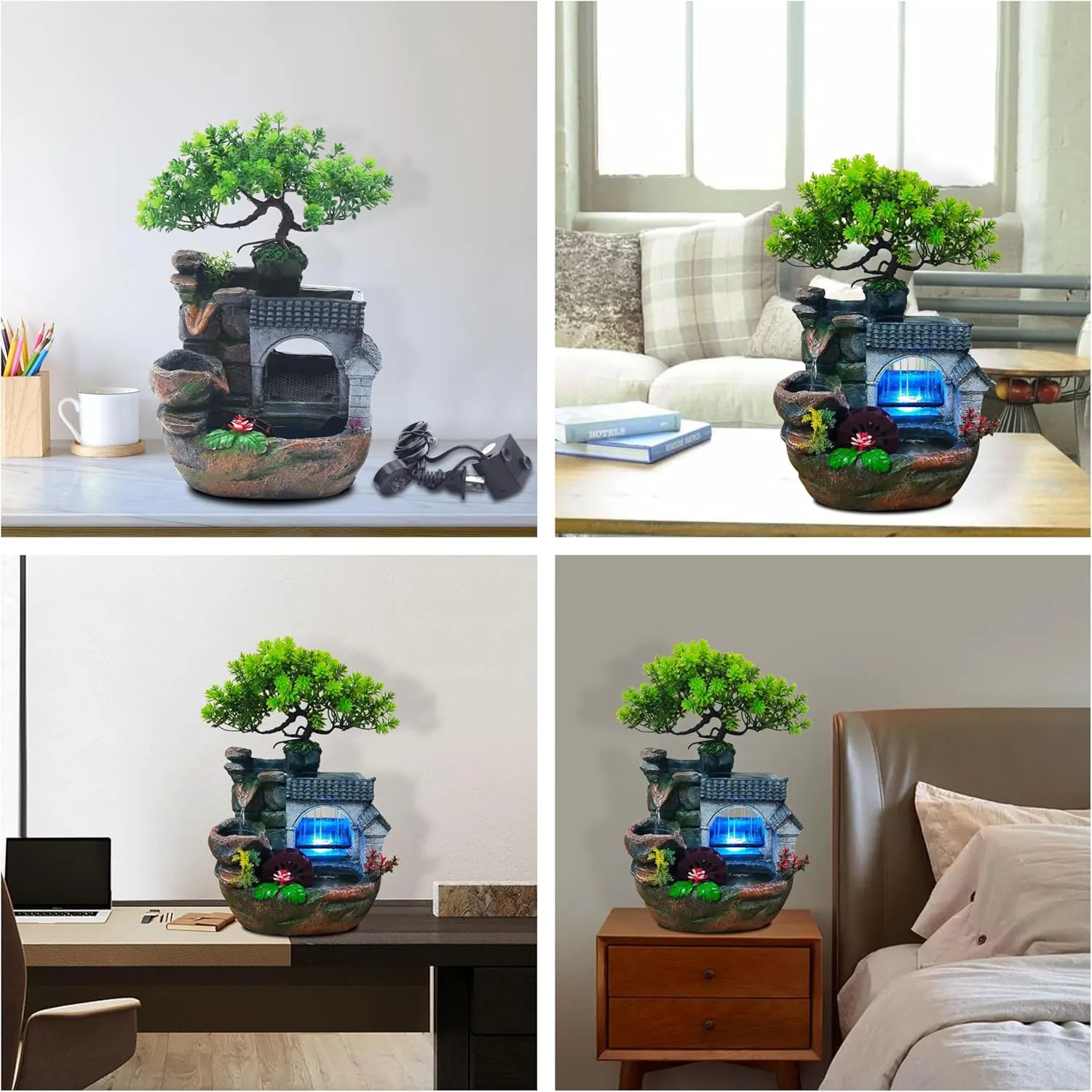 11" Desktop Fountain Rock Waterfall Humidifier with Artificial Tree &LED Light, Tabletop Water Fountains Indoor Fake Plant Bonsai Tree Feng Shui Decoration for Aquariums Office Bedroom Home Décor