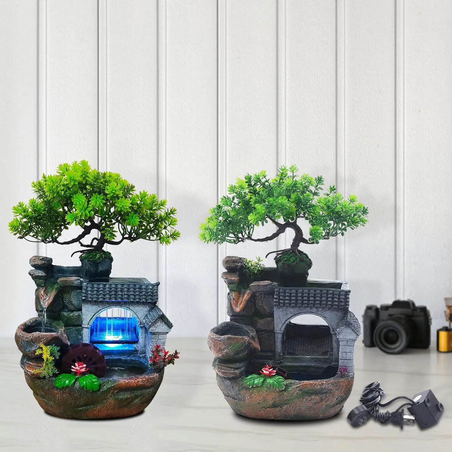 11" Desktop Fountain Rock Waterfall Humidifier with Artificial Tree &LED Light, Tabletop Water Fountains Indoor Fake Plant Bonsai Tree Feng Shui Decoration for Aquariums Office Bedroom Home Décor