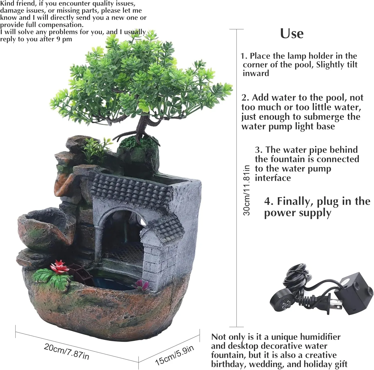 11" Desktop Fountain Rock Waterfall Humidifier with Artificial Tree &LED Light, Tabletop Water Fountains Indoor Fake Plant Bonsai Tree Feng Shui Decoration for Aquariums Office Bedroom Home Décor