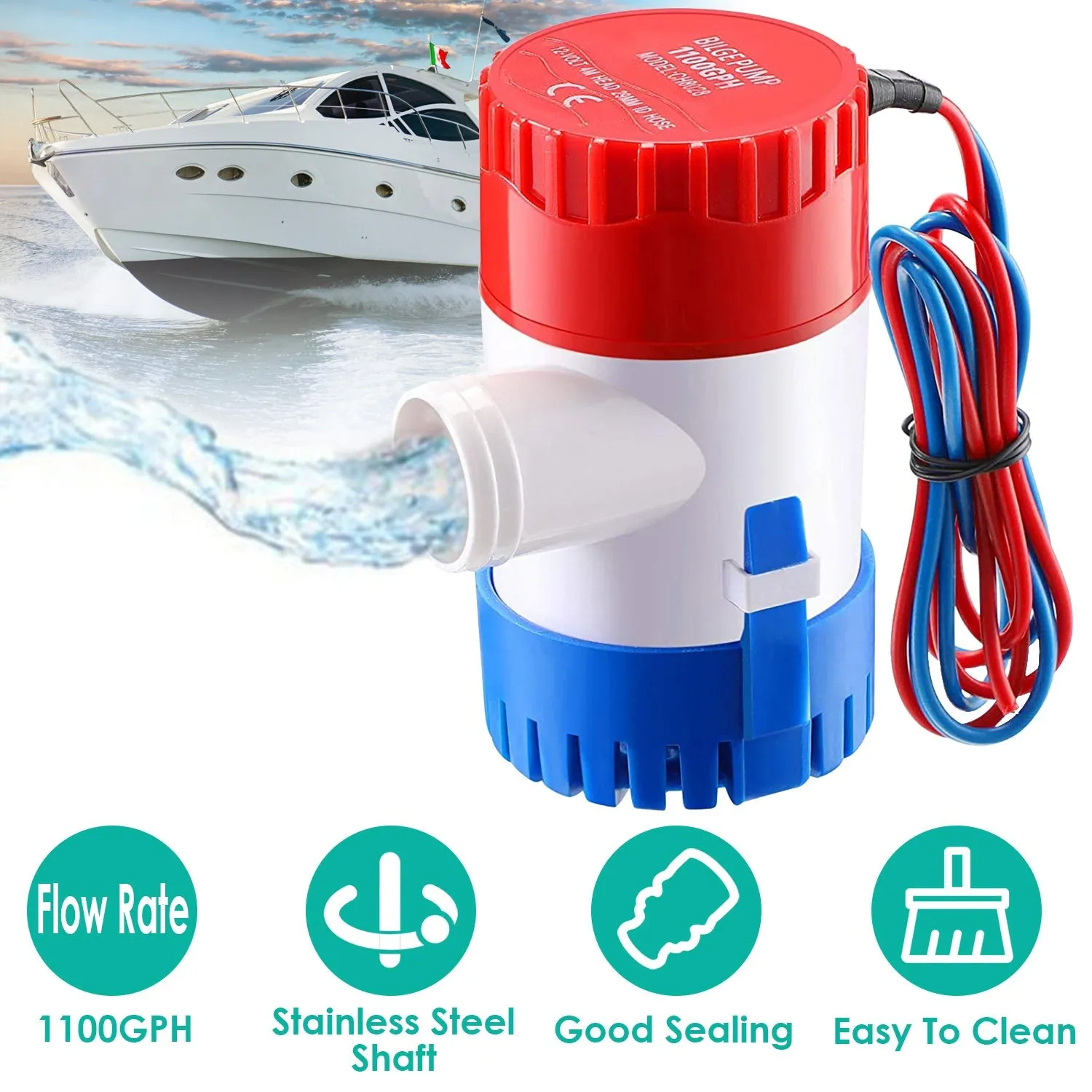 12V 1100GPH Submersible Marine Boat Bilge Non-Automatic Electric Water Pump