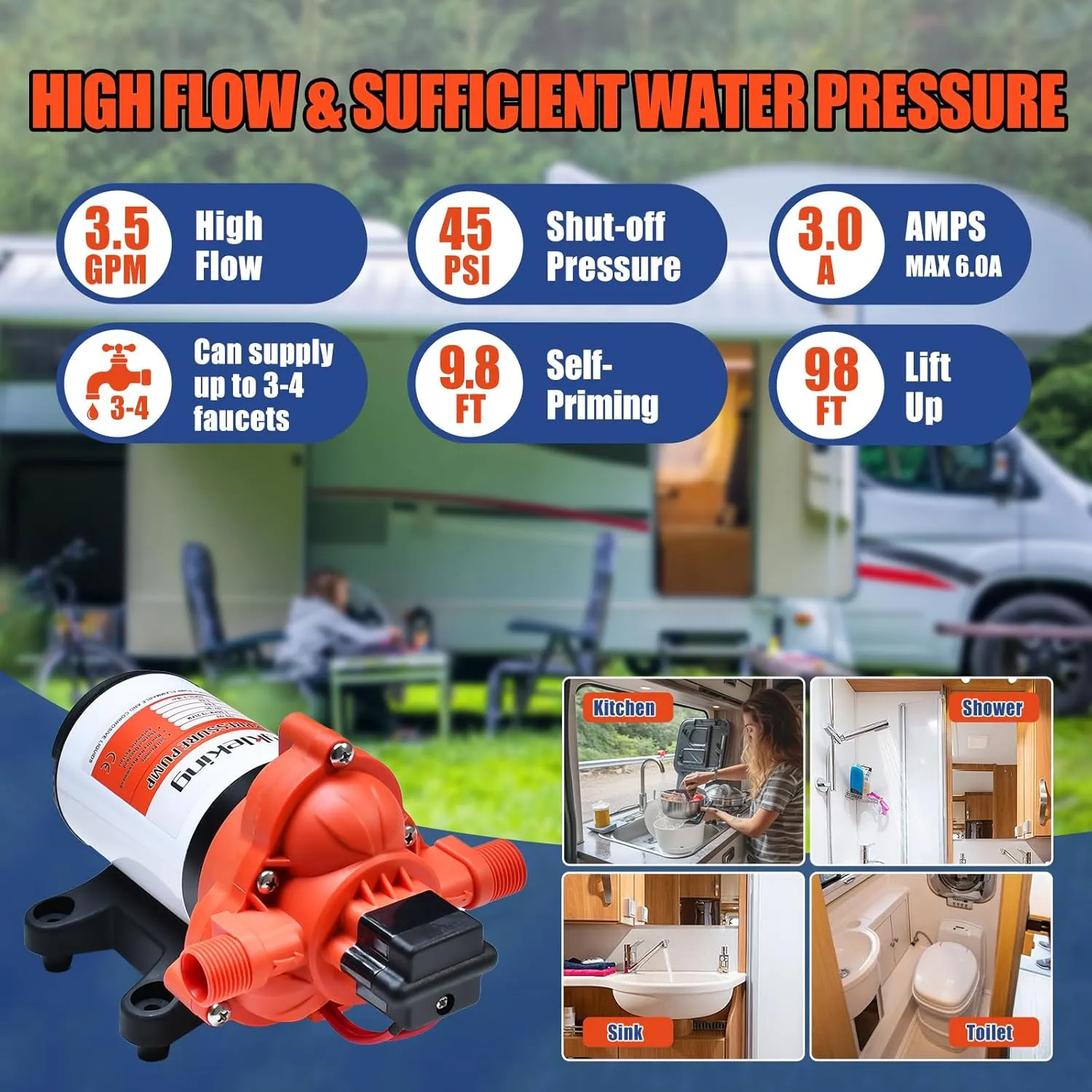 12V DC Water Pressure Pump,3.5GPM 45PSI Quiet On Demand RV Water Diaphragm Pump 12 Volt Self Priming Ideal for Camper,Boat,Marine,Travel Trailer,Washdown,Rain Barrel,Outdoor Shower