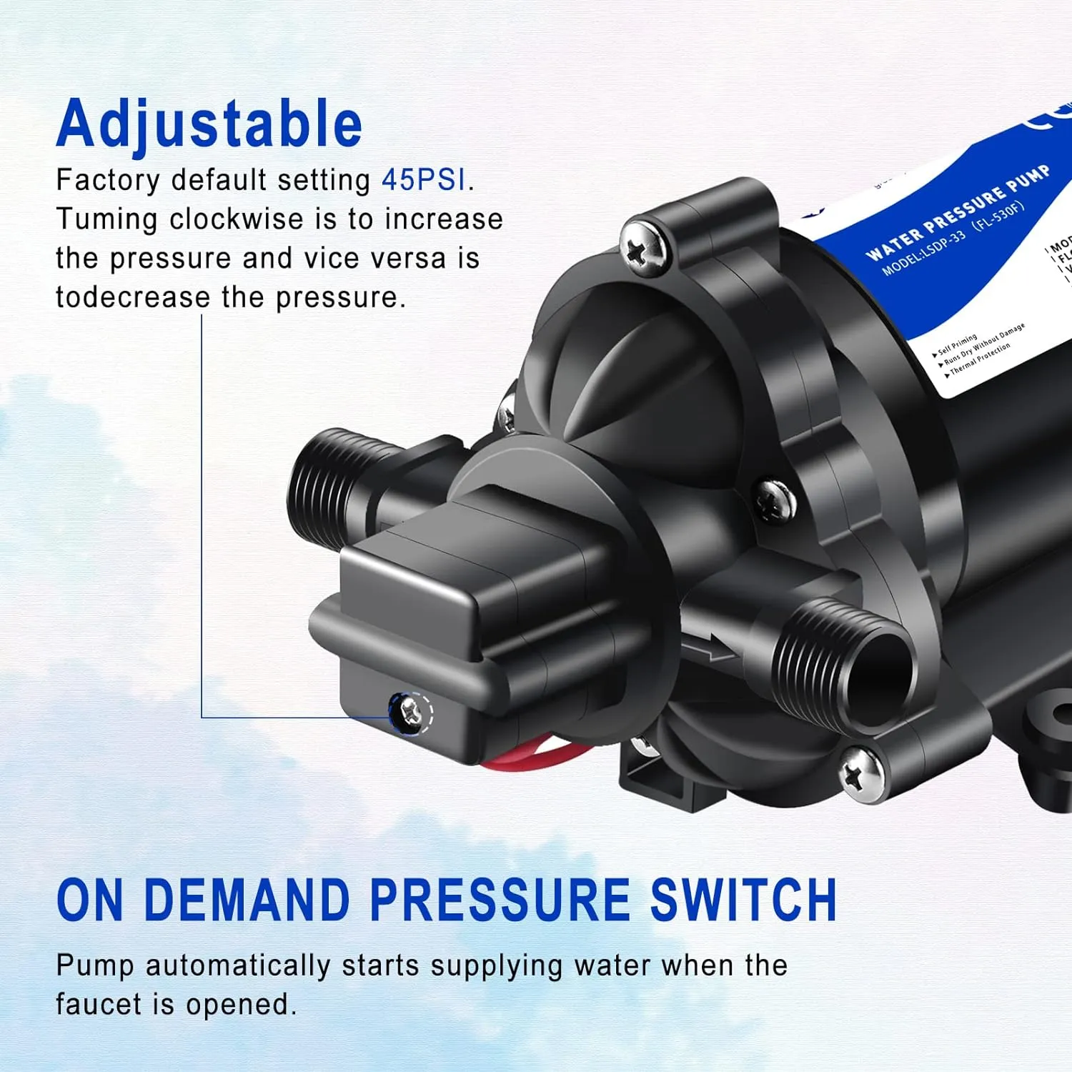 12V RV Water Pressure Booster Pump - Self Priming, 50psi, 4gpm On Demand Pump for Kitchen, Bathroom, Garden, Marine & Boats