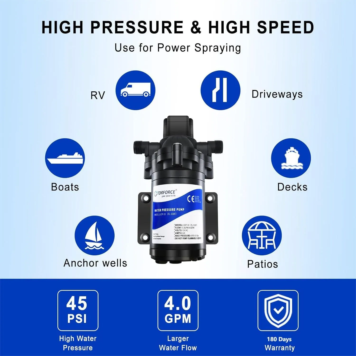 12V RV Water Pressure Booster Pump - Self Priming, 50psi, 4gpm On Demand Pump for Kitchen, Bathroom, Garden, Marine & Boats