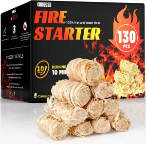 130 pcs Fire Starter-All Natural Wood Fire Starters for Fireplace,BBQ,Camping,Grill, Waterproof Quick Ignition Camp Fires tarter Accessories Kit (Indoor/Outdoor Use)