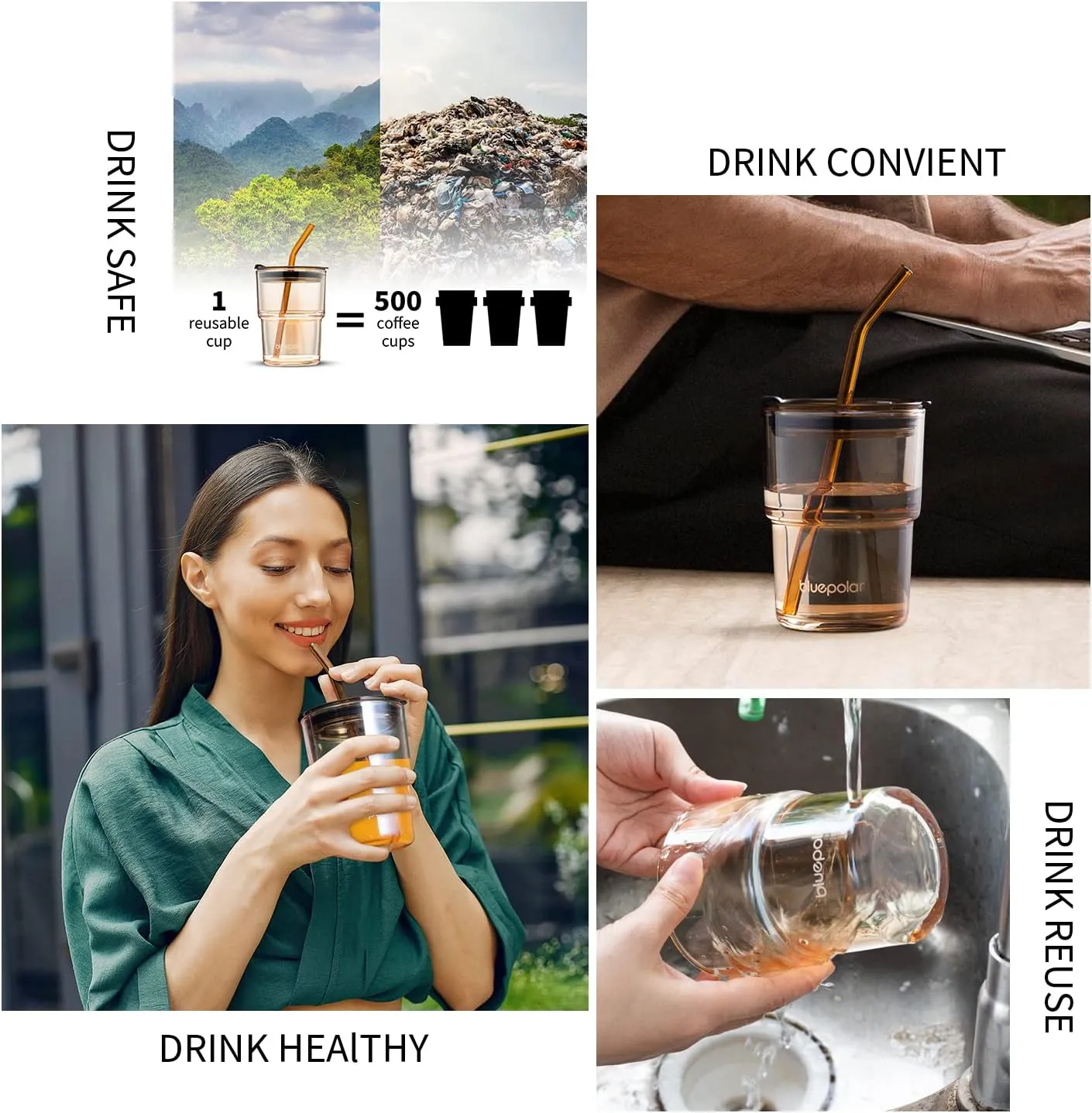 13oz/400ml Glass Water Tumbler with Straw and Lid Sealed Carry On Thick Wall Iced Coffee Cup Glass Cup for Water, Iced Tea Fruit Juice Etc (Amber