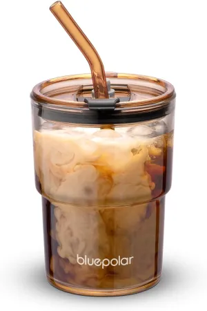 13oz/400ml Glass Water Tumbler with Straw and Lid Sealed Carry On Thick Wall Iced Coffee Cup Glass Cup for Water, Iced Tea Fruit Juice Etc (Amber