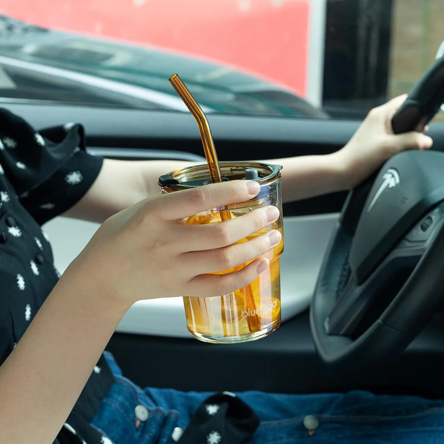 13oz/400ml Glass Water Tumbler with Straw and Lid Sealed Carry On Thick Wall Iced Coffee Cup Glass Cup for Water, Iced Tea Fruit Juice Etc (Amber