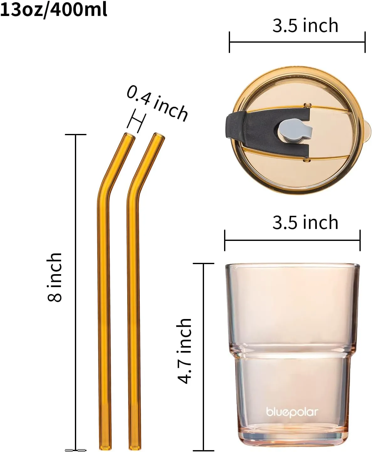 13oz/400ml Glass Water Tumbler with Straw and Lid Sealed Carry On Thick Wall Iced Coffee Cup Glass Cup for Water, Iced Tea Fruit Juice Etc (Amber
