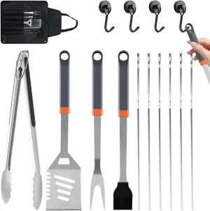 15-Piece Stainless Steel BBQ Grilling Accessories Kit, Premium BBQ Tools with Hooks & Storage Apron, Grill Utensils Set for Outdoor Grill, Cooking, Camping, Fathers Day Grilling Gifts for Men Dad