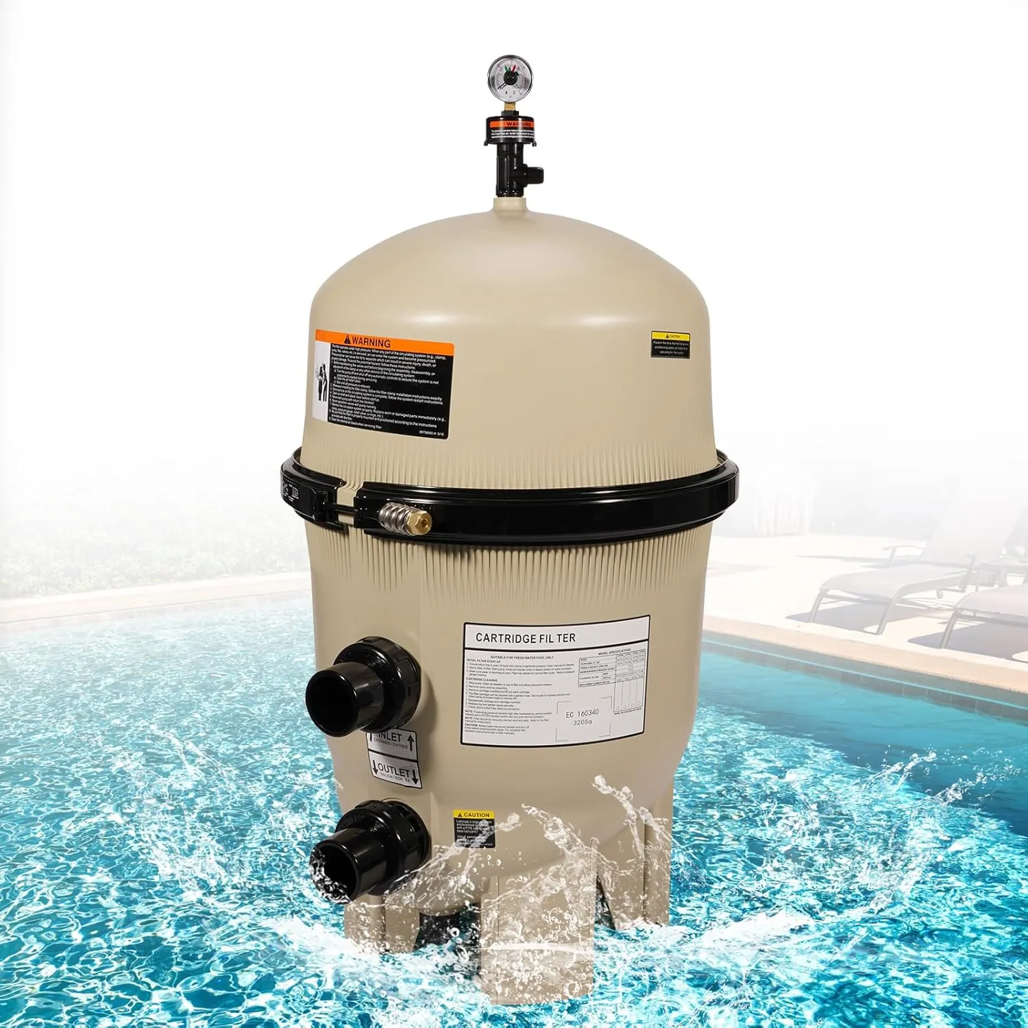 160340 Four Cartridge Pool Filter Tank Assembly-320 Square Feet 120 GPM Fit for Pentair Clean & Clear Plus Cartridge Pool Filters, Fiberglass Reinforced Polypropylene Tank Cartridge, Almond