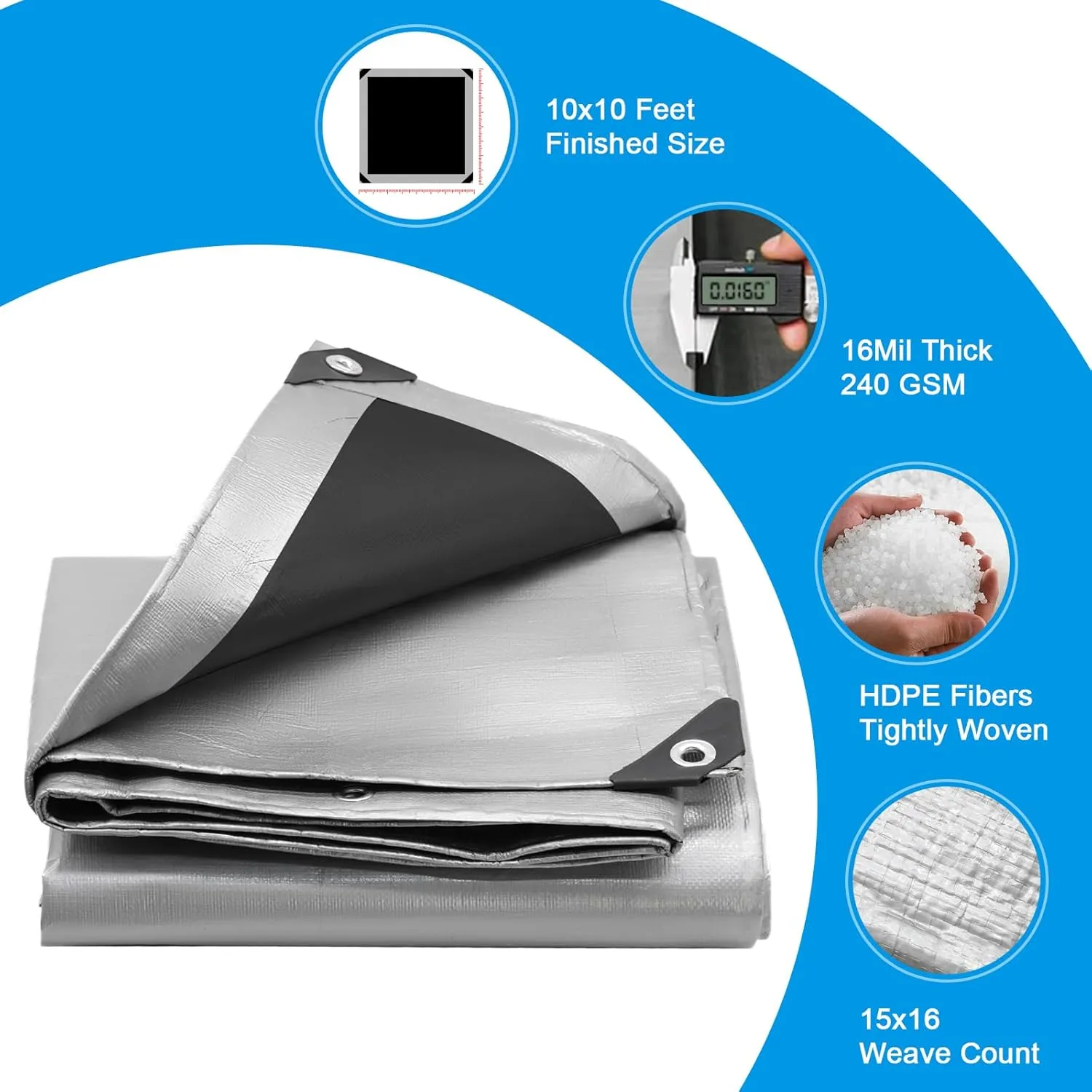 16Mil Finished Size 10x10 Tarp Heavy Duty Waterproof, Large Outdoor Multipurpose Protective Cover (Silver/Black)