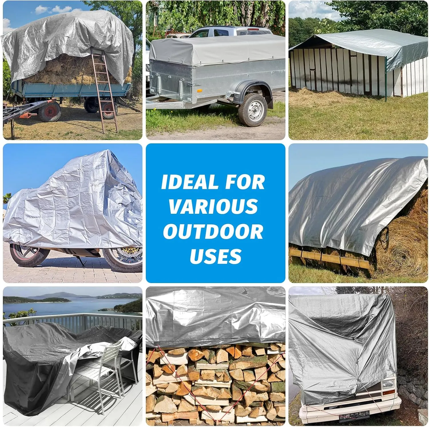 16Mil Finished Size 10x10 Tarp Heavy Duty Waterproof, Large Outdoor Multipurpose Protective Cover (Silver/Black)
