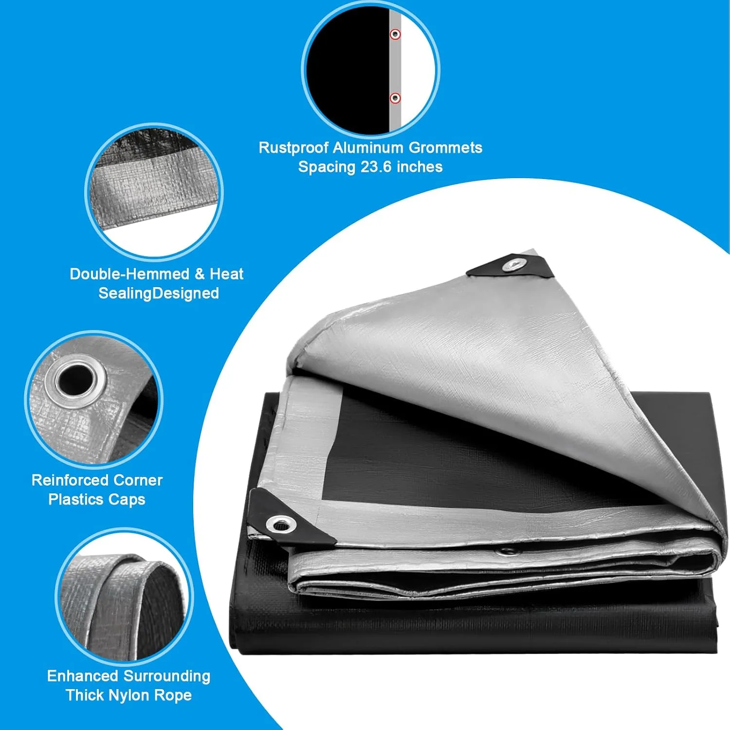 16Mil Finished Size 10x10 Tarp Heavy Duty Waterproof, Large Outdoor Multipurpose Protective Cover (Silver/Black)