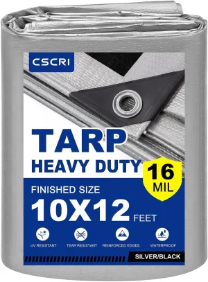 16Mil Tarps Heavy Duty Waterproof 10x12 Finished Size, Large Outdoor Multipurpose Protective Cover (Silver/Black)
