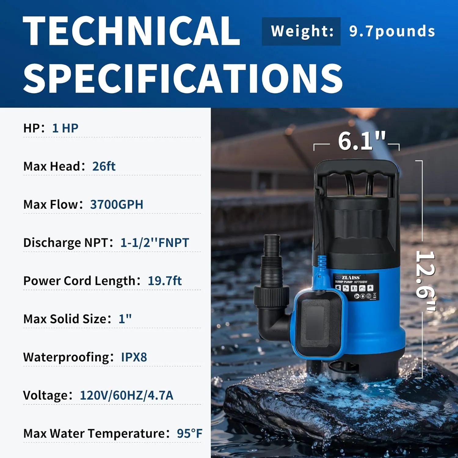 1HP Submersible Water Pump - 3700 GPH Portable Water Pump with Automatic Float Switch for Removing Muddy Dirty/Clean Water from Swimming Pool, Pond, Garden, Hot Tub