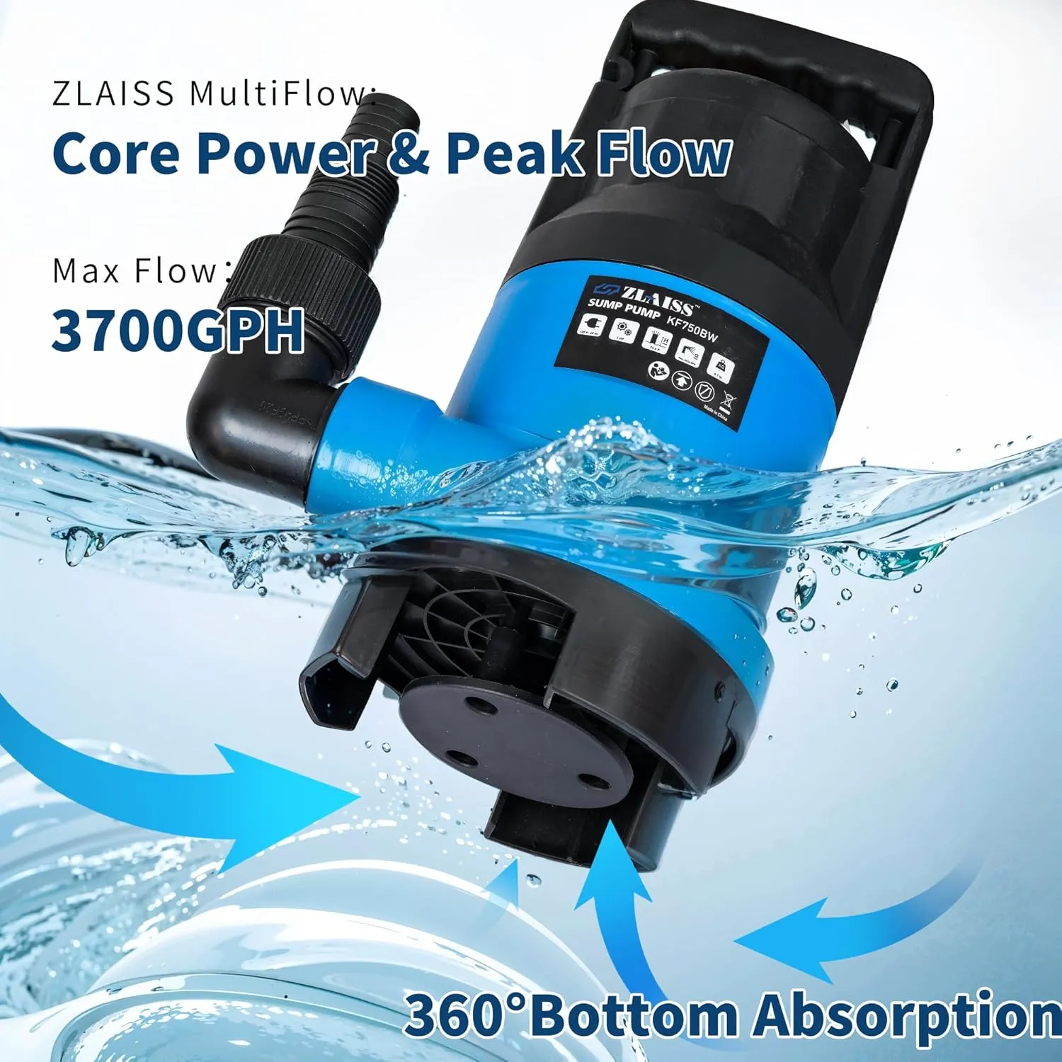 1HP Submersible Water Pump - 3700 GPH Portable Water Pump with Automatic Float Switch for Removing Muddy Dirty/Clean Water from Swimming Pool, Pond, Garden, Hot Tub