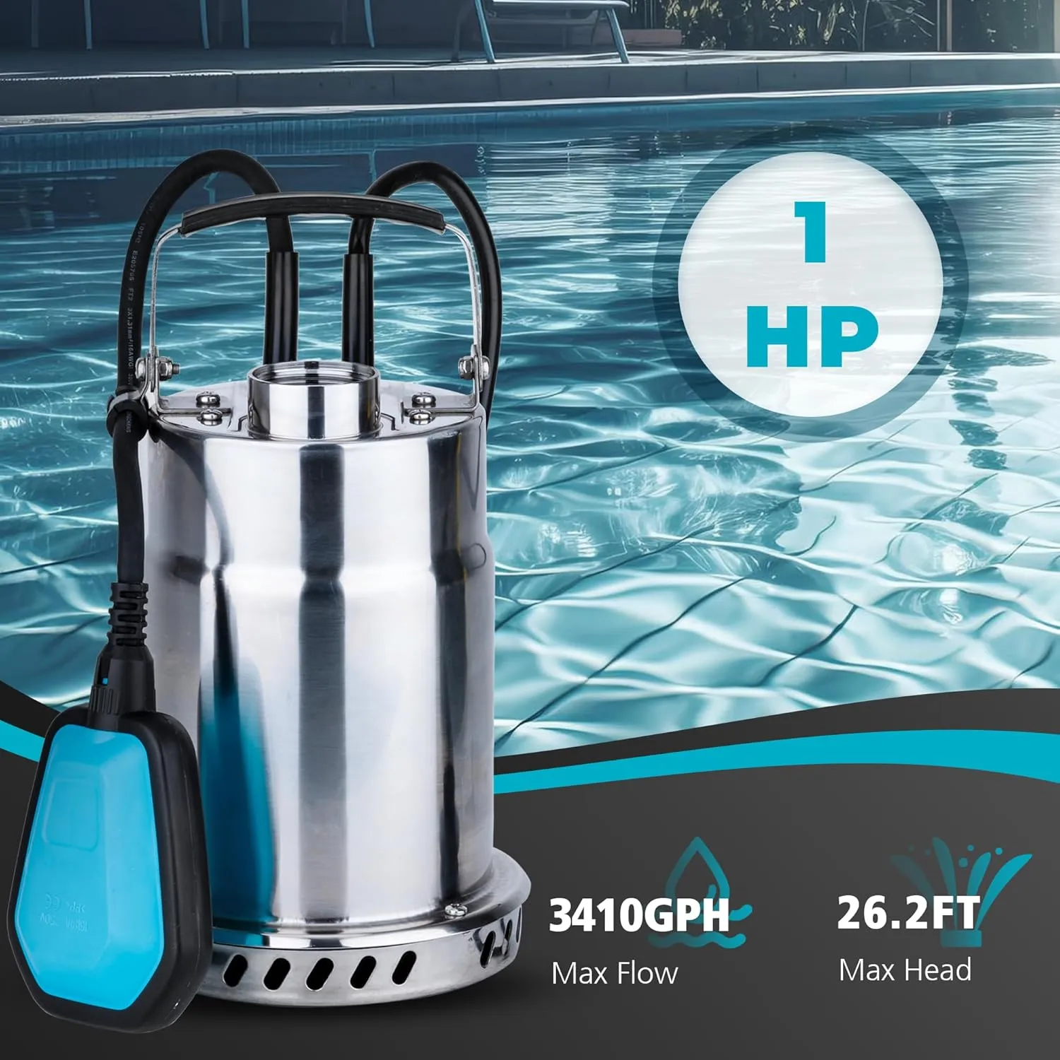 1HP Sump Pump 3410GPH Stainless Steel Submersible Water Pump 115V w/Adjustable Automatic Float Switch, Clean Water Removal Transfer Pump for Basement Pool, Pond, Garden and Hot Tub