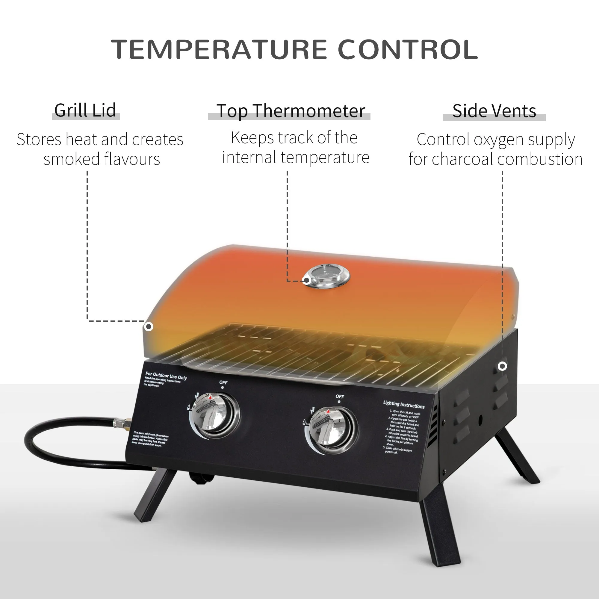 2 Burner Gas BBQ Grill Outdoor Portable Folding Tabletop Barbecue w/ Lid