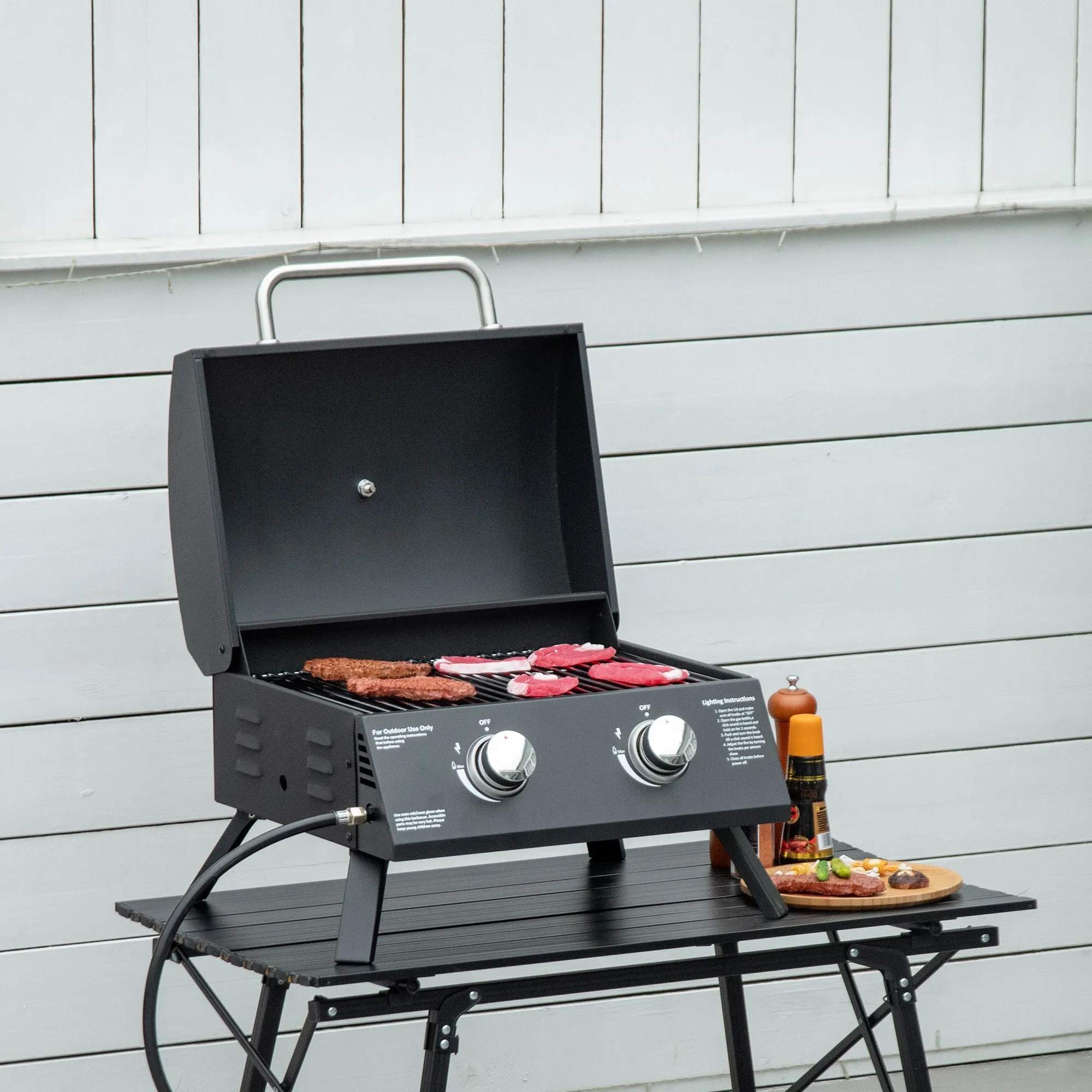 2 Burner Gas BBQ Grill Outdoor Portable Folding Tabletop Barbecue w/ Lid