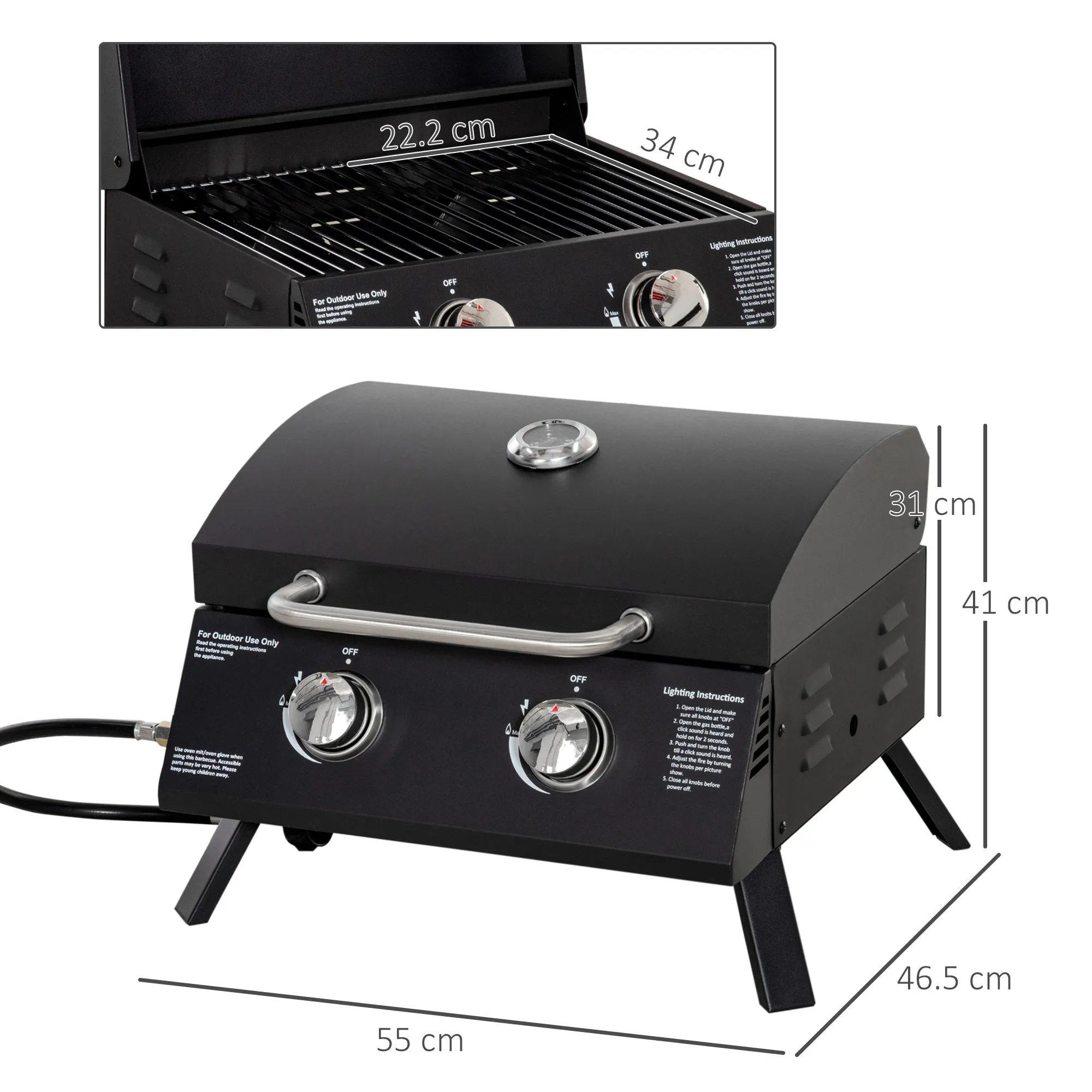 2 Burner Gas BBQ Grill Outdoor Portable Folding Tabletop Barbecue w/ Lid