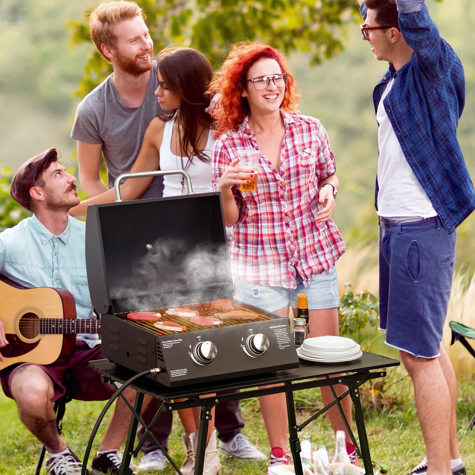 2 Burner Gas BBQ Grill Outdoor Portable Folding Tabletop Barbecue w/ Lid