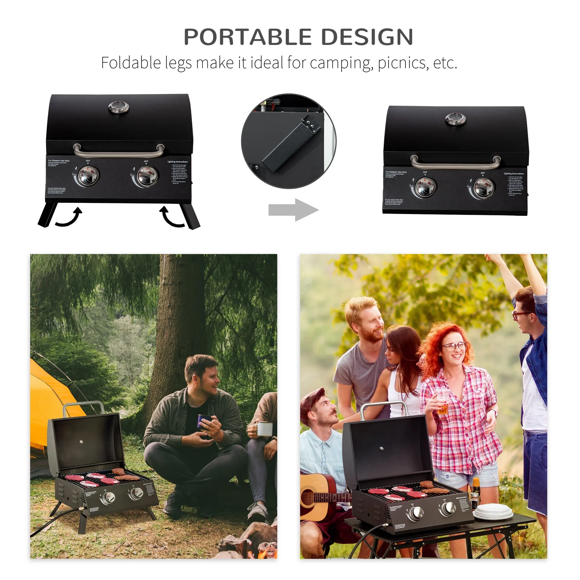 2 Burner Gas BBQ Grill Outdoor Portable Folding Tabletop Barbecue w/ Lid