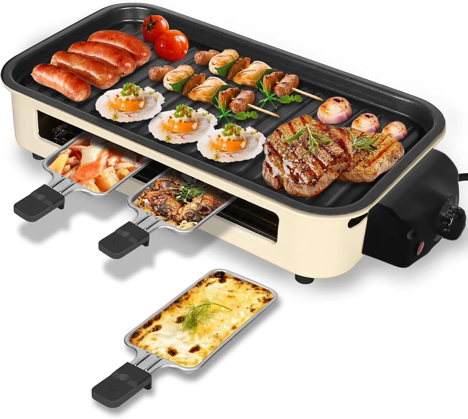 2-in-1 Indoor Smokeless Electric Grill with Raclette Cheese Plates - 1500W Korean BBQ Griddle, 16x9" Nonstick Surface, 3 Raclette Cheese Pans, Dishwasher Safe for Family, Party, Kitchen Use