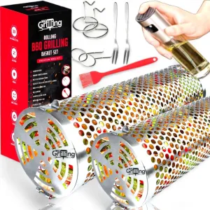 2 Rolling BBQ Grilling Basket – 360 Degree Rolling Grill Baskets For Outdoor Grill with 2 Turning Black Forks, Including 2 Handling Hooks, Premium Spray Bottle - Portable Grill Baskets for Fish,