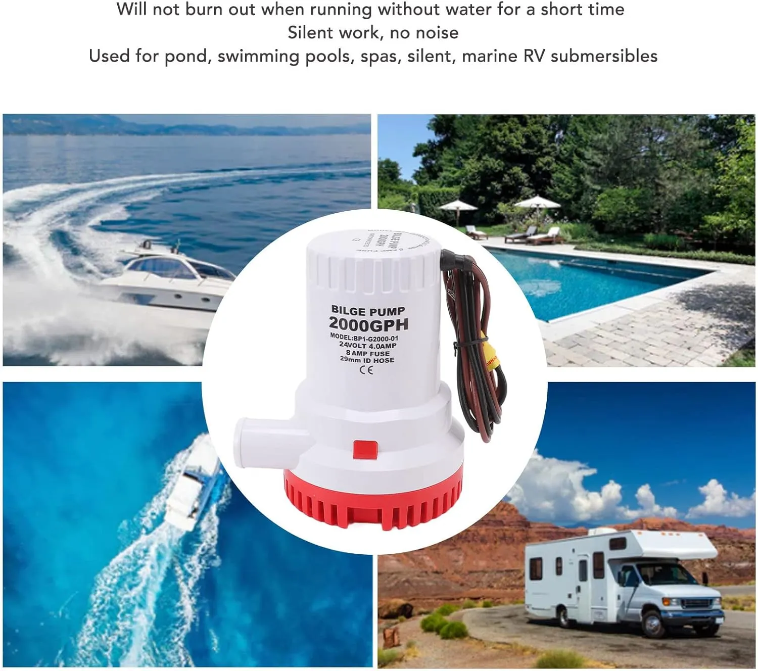 2000 GPH Bilge Pump for Pond Pool, Smooth Operation, Prevent Burnout, Plastic, Easy to Install & Remove Filter Unit (24V)